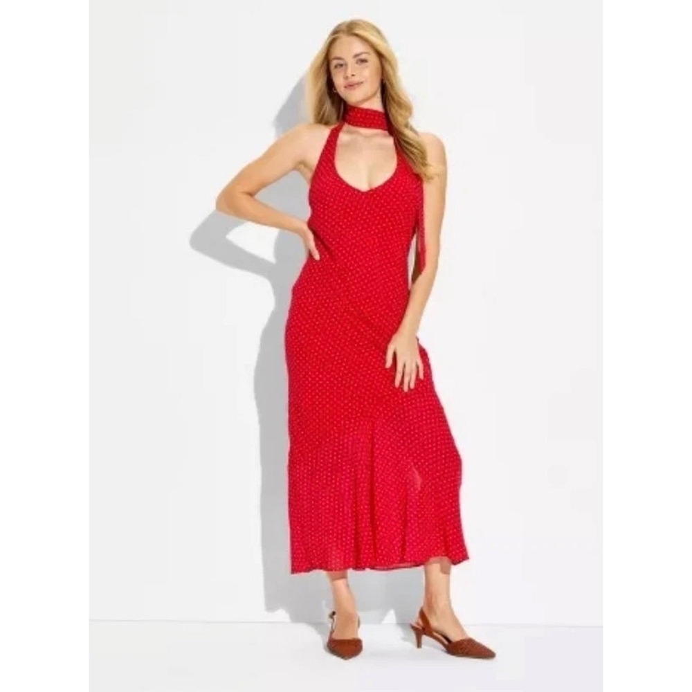 Wild Fable Red Polka Dot Halter Midi Dress with Scarf Tie Neck Small NEW